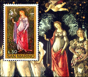 Postage stamp created from a portion of the Primavera painting, also known as the Allegory of Spring by Sandro Botticelli